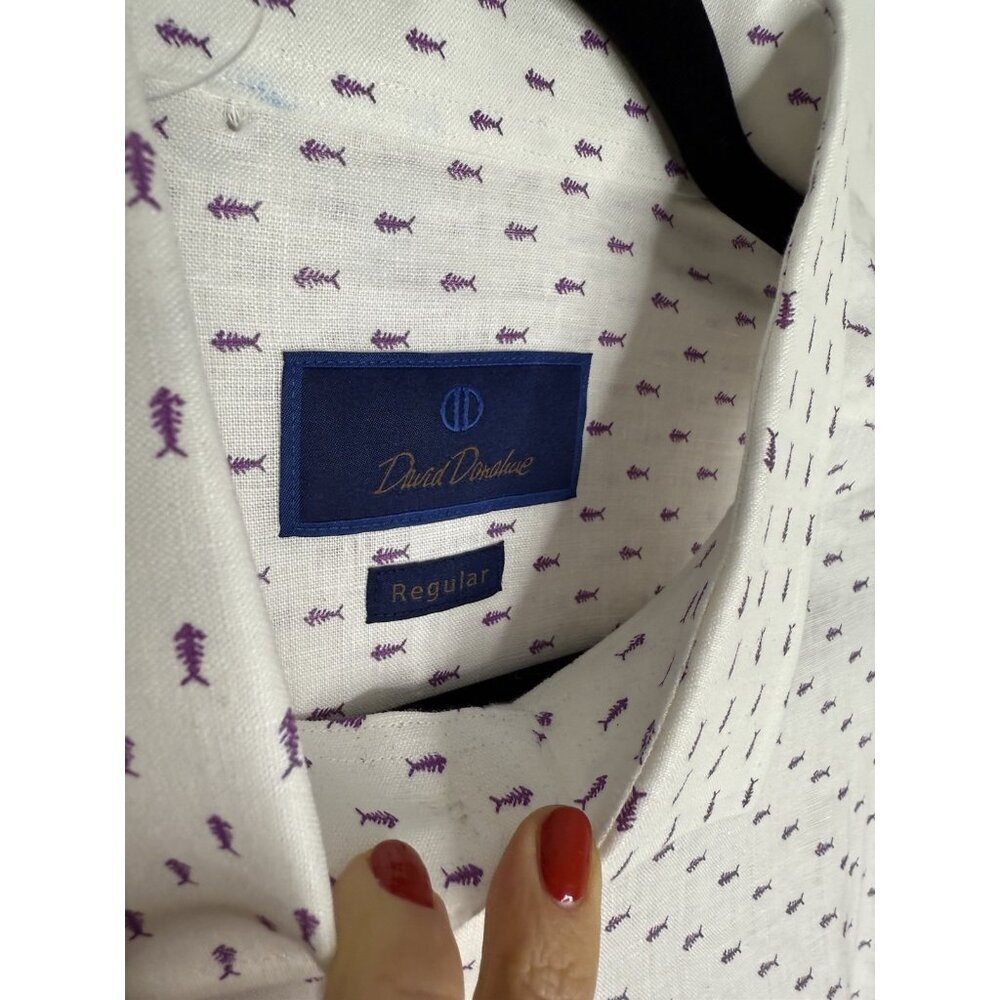 NWT David Donahue White Button Down Fishbone Pattern Fusion Linen 15.5 3…​ - Picture 6 of 11